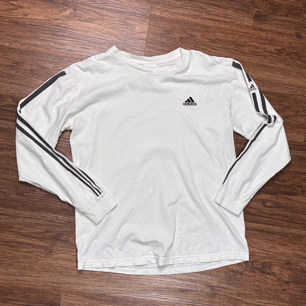 Adidas Men's Small White Black 3 Stripe Long Sleeve T-Shirt Athletic Logo